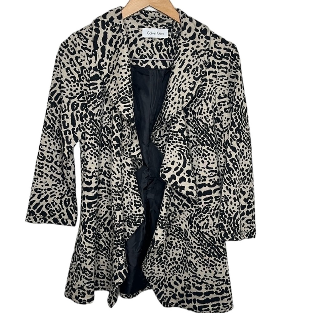 Calvin Klein Leopard Print Ruffle Open Front Jacket Women Size 6